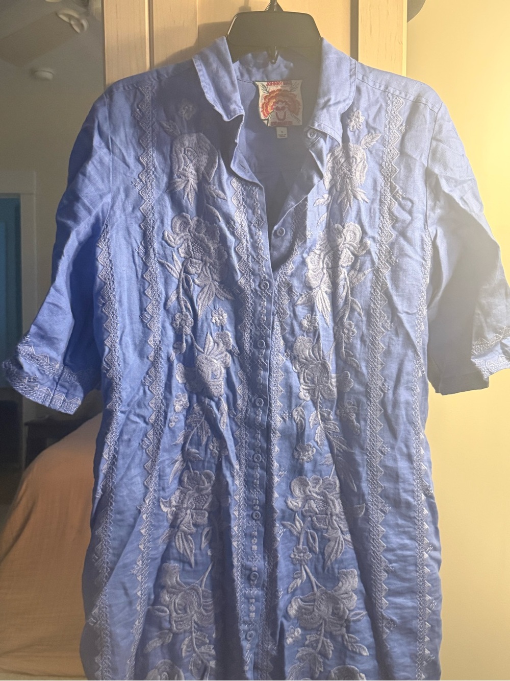 Johnny Was Blue Shirt with Floral Patch
